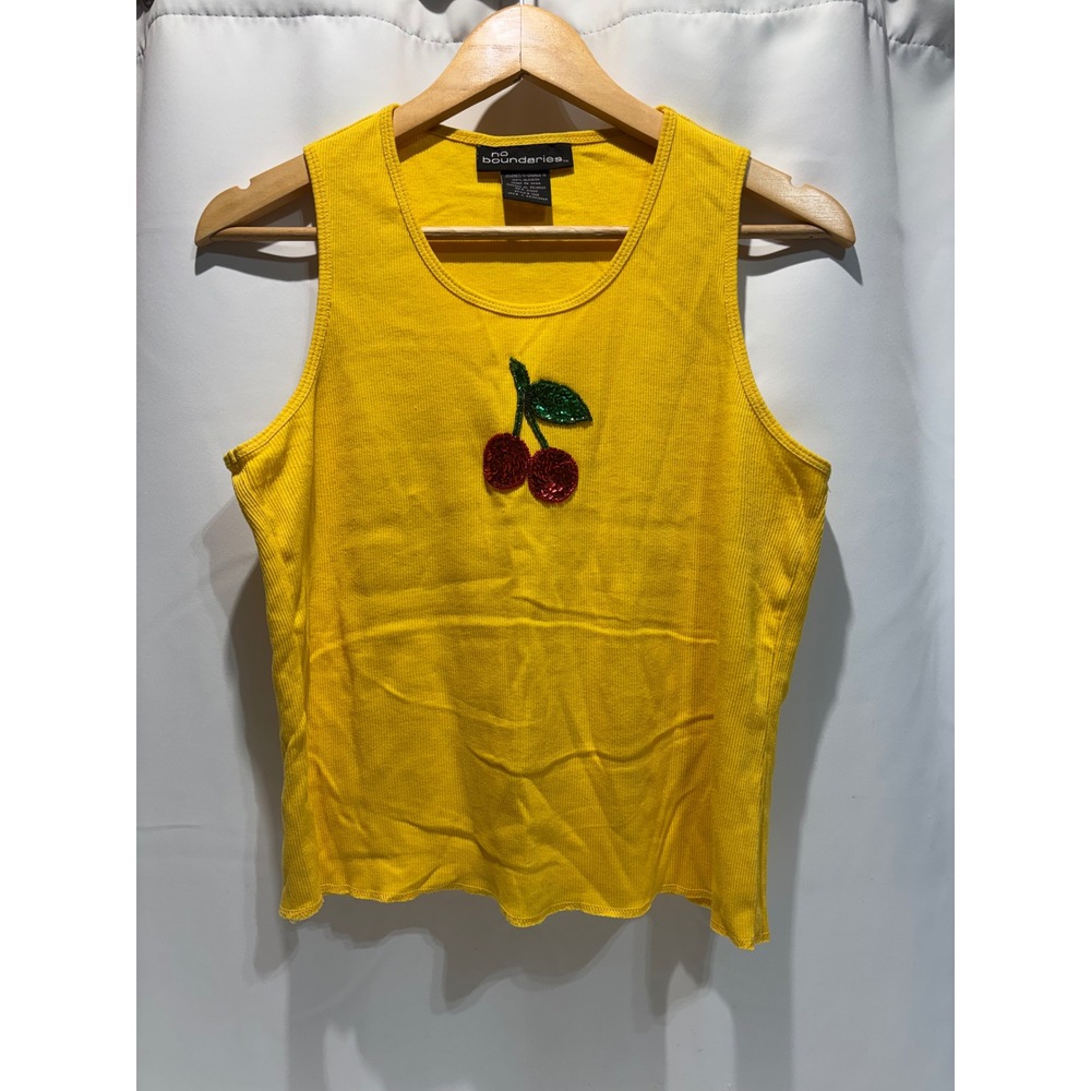 No Boundaries Tank Top XL 15 Yellow Sequin Cherry Ribbed Sleeveless y2k